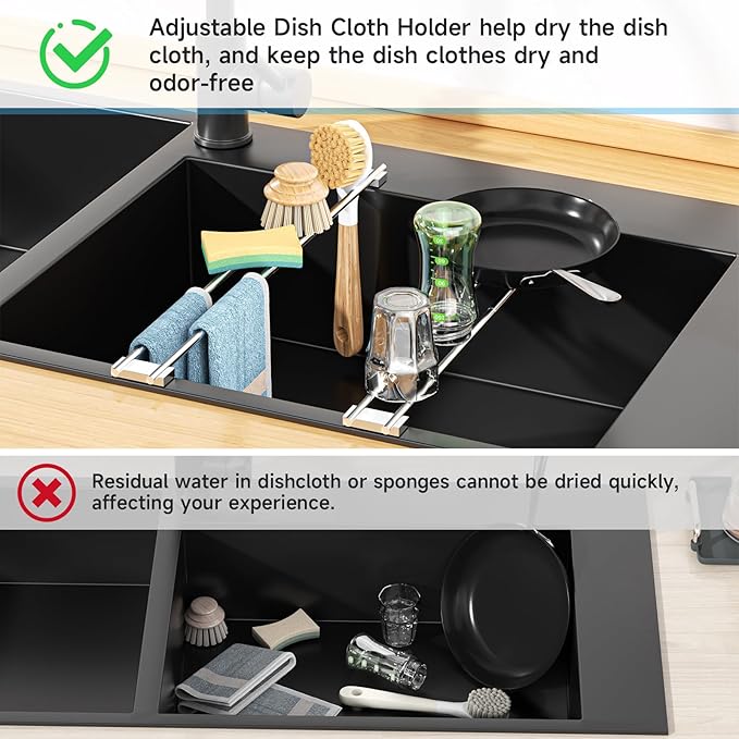 Dish Cloth Holder for Kitchen Sink, Adjustable Over-The-Sink Dish Rag Rack, Metal Kitchen Racks Sink Brush Holder, Drying Rack for Dishcloths, Sponges, Brushes, and Bottles (1, Sliver)