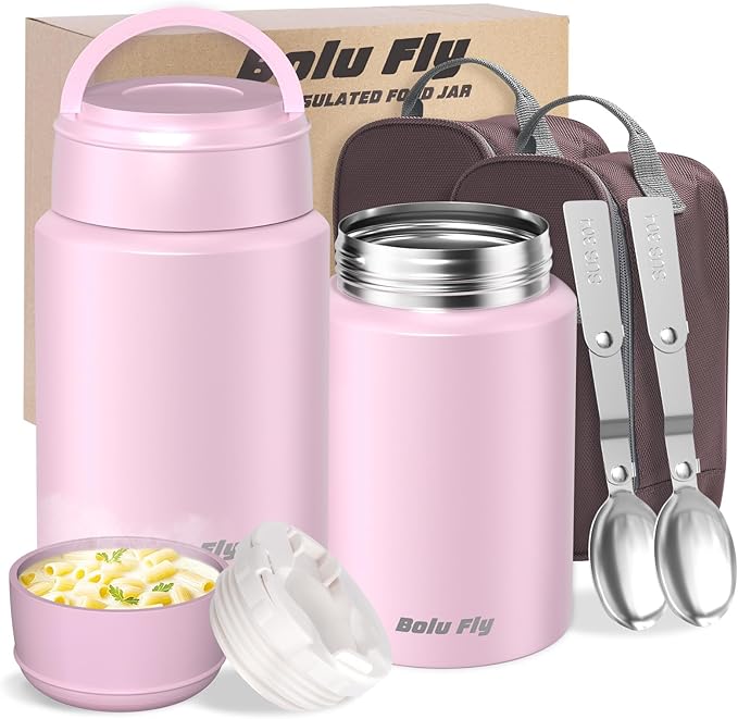 2 Pack Soup Thermo for Hot Food for Adults, Insulated Food Jar, Stainless Steel Vacuum Thermal Lunch Box Containers with Carry Bag and Spoon (18.5oz, 27oz) (Pink)