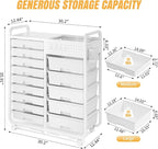 Rolling Storage Cart with 14 Drawers, Storage Organizer Cart with Tabletop and Pegboard,Utility Cart for Living Room, Classroom, Bedroom,Bathroom,Dorm,Office (White)
