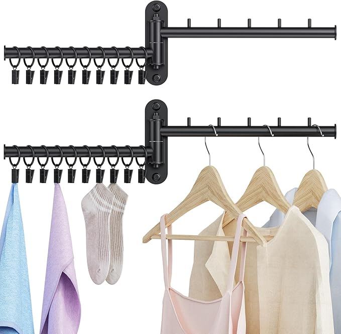 Wall Mounted Drying Rack, 2-Tier Laundry Drying Rack with Swing Arm, Space-Saving Foldable Laundry Clothes Hanger with 10 Clips for Laundry Room Closet Organizer Bathroom Bedroom (2 Pack)