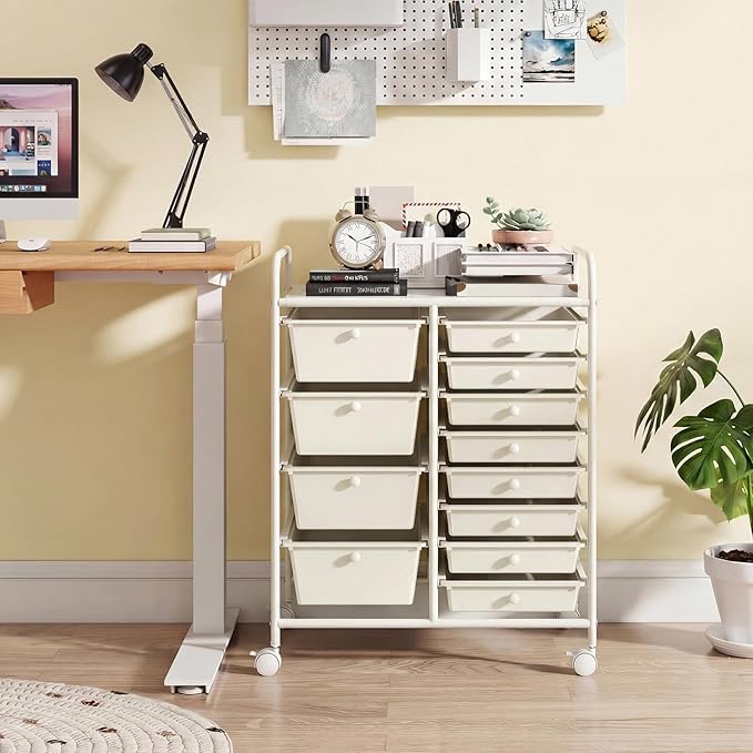 GOFLAME 12-Drawer Rolling Storage Cart, Craft Storage Cart with Removable Drawers & Lockable Wheels, Art Cart Supply Storage Organizer with Metal Frame for Home Office Classroom, White