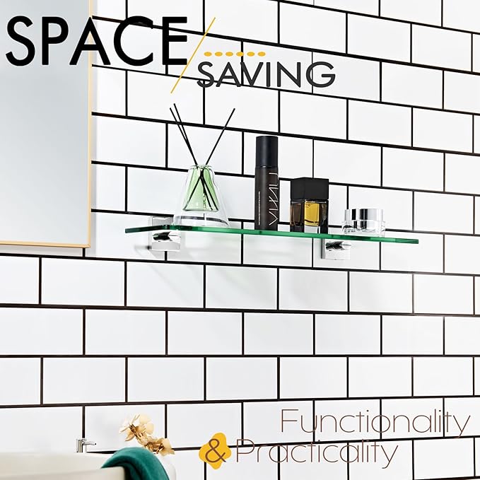 KOKOSIRI Bathroom Shelves Wall Mounted 20-Inch Floating Glass Shelf Kitchen Hanging Rack for Shower Storage Decor, Polished Stainless Steel B1107CH-L20