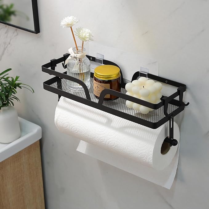ZUNTO Wall Mount Paper Towel Holder with Shelf, Self Adhesive or Drilling, Stick on Wall Paper Towel Bar Spice Rack for Kitchen, Garage Organizer and Storage, Black