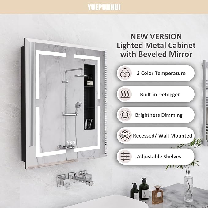 24X30 Inch Lighted Medicine Cabinet with Mirror and Lights, Recessed Mirror Medicine Cabinet with Adjustable 3-Color, Brightness Dimming, Defogger, LED Bathroom Mirror Cabinet Wall Mounted