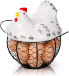 AVLA Chicken Egg Basket, Black Wire Egg Collection Baskes with Ceramic Lid for Gathering Fresh Eggs, Chicken Egg Holder, Decorative Farmhouse Cute Eggs Storage Container for Kitchen, Countertop