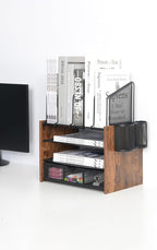 Wooden & Metal Desk Organizer – 4-Tier Vertical Desktop Storage with File Trays, Pen Holder & Drawer – Space-Saving Office & Home Workspace Organizer