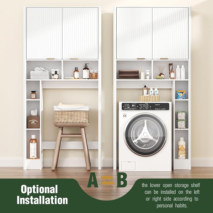 31" W Over The Toilet Storage Cabinet with Fluted Door, White Bathroom Organizer with Adjustable Shelf, 67''H Tall Toilet Paper Holder Stand Wave Door for Restroom, Laundry Room