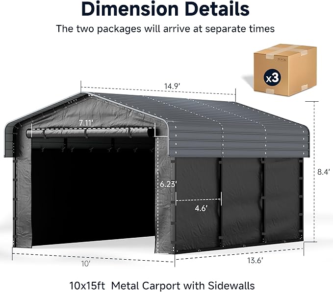 10x15FT Heavy Duty Metal Carport, Outdoor Carport Canopy with Galvanized Steel Roof and Reinforced Base,Removable Sidewalls & Door, Garage Shelter Shade for Cars,Trucks, Boats, Gray