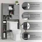 Vabches Farmhouse Over The Toilet Storage Cabinet with 2 Barn Doors & Sliding Door, Over The Toilet Bathroom Organizer with Open Storage Layer and Adjustable Shelves & Hooks.Grey