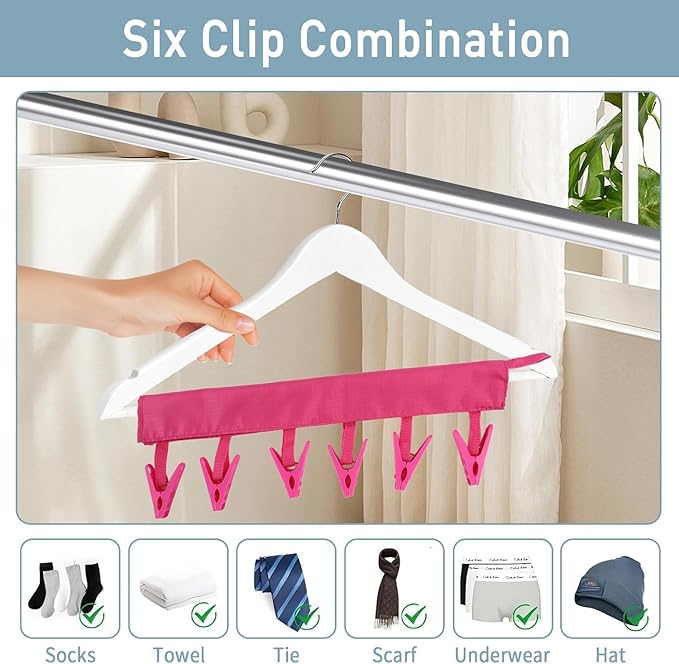 TamBee Travel Hangers Foldable for Suitcase Clothespin Travel Portable Folding Clothes Drying Hanger with 6 Clips Pack of 3 (Black, Red, Rose red)