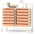 COSTWAY 12-Drawer Rolling Storage Cart, Utility Storage Organizer Cart for Tools, Scrapbook, Paper, Craft, Multipurpose Art Supply Organizer on Wheels for Home Office School, Teacher, Peach