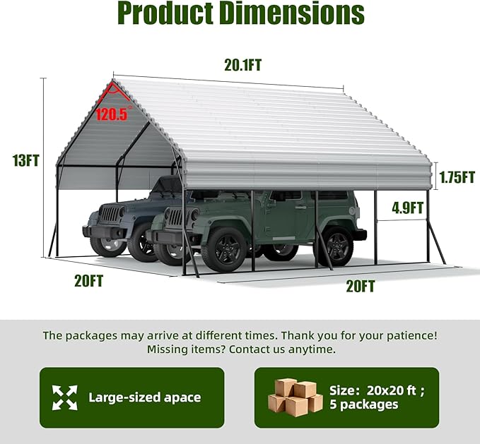 Metal Carport Heavy Duty 20x20ft Outdoor Galvanized Steel Car Port, Vehicle Canopy Garage Shade, Multi-Use Shelter for Car, Boat, Tractors & Outdoor Storage