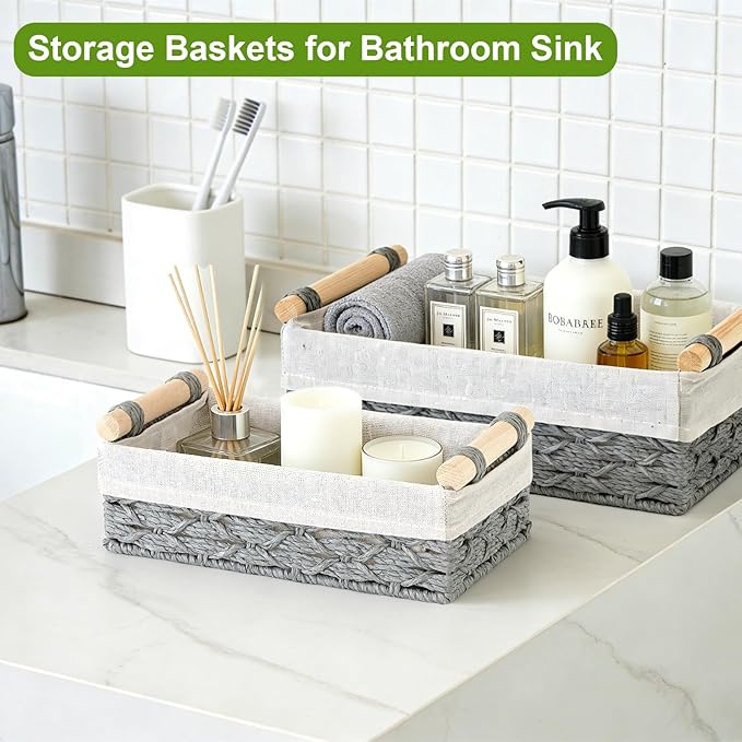2 Pack Woven Toilet Paper Storage Baskets for Organizing with Wooden Handles, Toilet Paper Basket for Back of Toilet Top, Toilet Tank Topper Tray, Decorative Bathroom Basket Organizer for Shelves,Gray