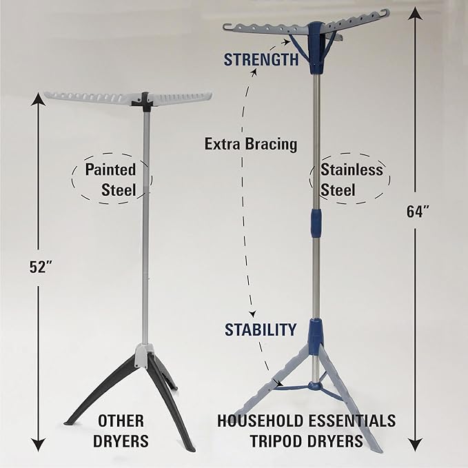 Household Essentials 5009-1 Collapsible Portable Indoor Tripod Clothes Drying Rack for Hanging Laundry | Silver and Blue Medium