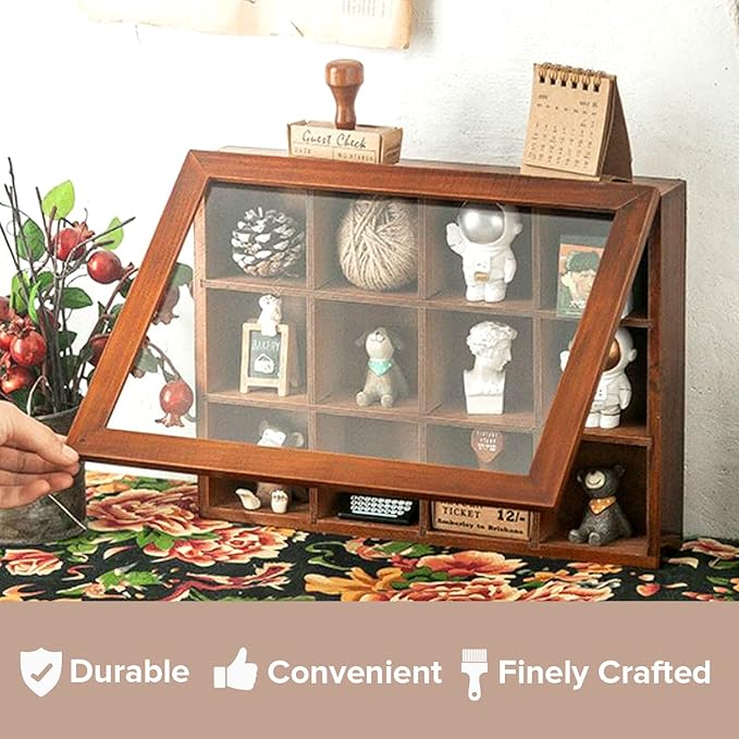 Mini Clear Display Wood Cabinet with 12 Slots - 10" x 15.5" Collectibles Display Case - Wooden Floating Shelves for Display & Home Decor - Vintage Style Wood Cubby Shelf with Front Clear Cover