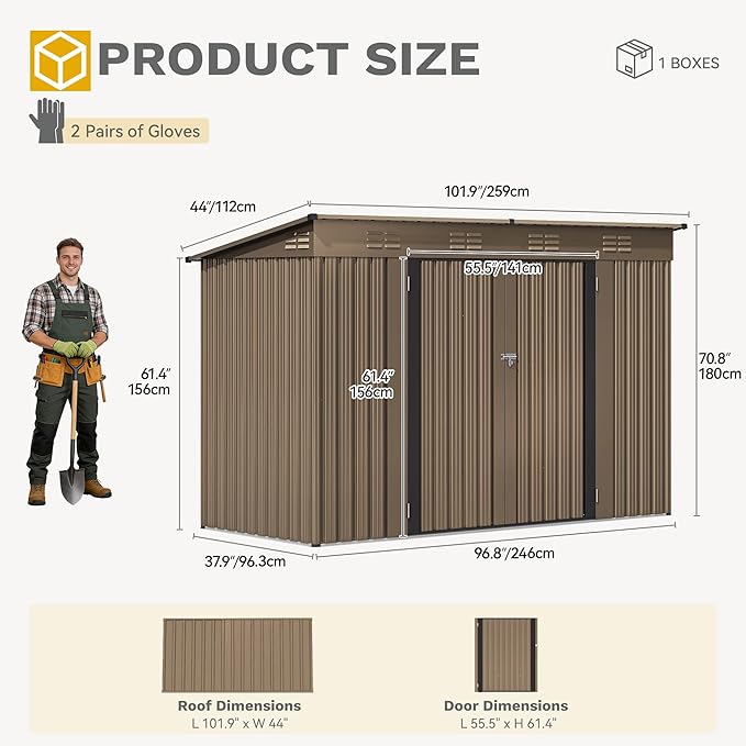 DWVO 9' x 4' Outdoor Storage Shed, Large Metal Tool Sheds, Heavy Duty Storage House with Lockable Doors & Air Vent for Backyard Patio Lawn to Store Bikes, Tools, Lawnmowers, Brown