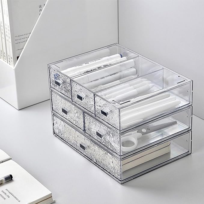 Desk Drawer Organizer, Stackable Plastic Storage Drawer, Grocery Organizer For Stationery/Office Supplies (New Clear, 3 Compartment)
