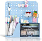 Comix Desk Organizer with 2 Drawer, Multifunctional Pen Holder for Desk, Desktop Organizer with Pegboard + Drawer + 5 Slots Pencil Holder for Office Home Art Supplies (Blue)