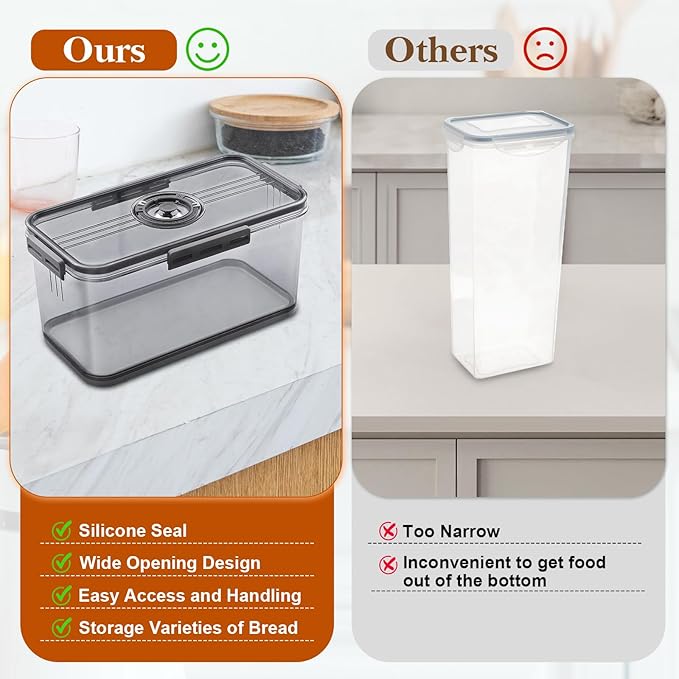 Bread Box for Homemade Bread Boxes for Kitchen Counter Airtight, Time Recording Bread Storage Container with Lid, Bread Containers Storage Airtight Loaf Bread Keeper, Large, Dark Grey