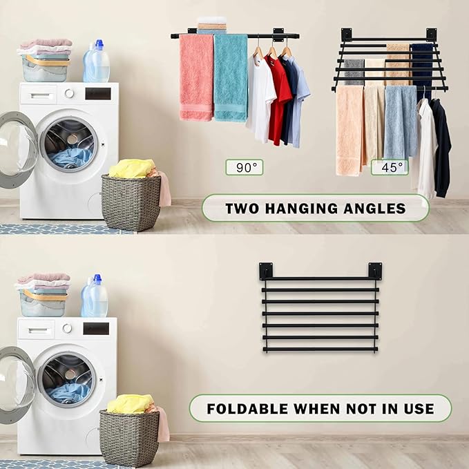 Wall Mounted Drying Rack, 28 Inches Wall Laundry Drying Rack Collapsible Indoor Clothes Drying Rack for Hanging Clothes