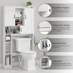 Vabches Farmhouse Over The Toilet Storage Cabinet with 2 Barn Doors & Sliding Door, Over The Toilet Bathroom Organizer with Open Storage Layer and Adjustable Shelves & Hooks.White