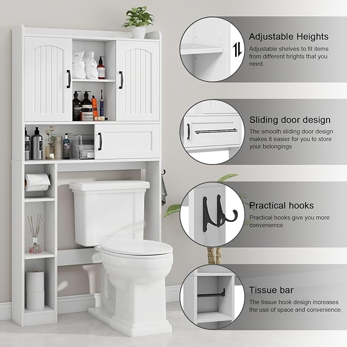 Vabches Farmhouse Over The Toilet Storage Cabinet with 2 Barn Doors & Sliding Door, Over The Toilet Bathroom Organizer with Open Storage Layer and Adjustable Shelves & Hooks.White