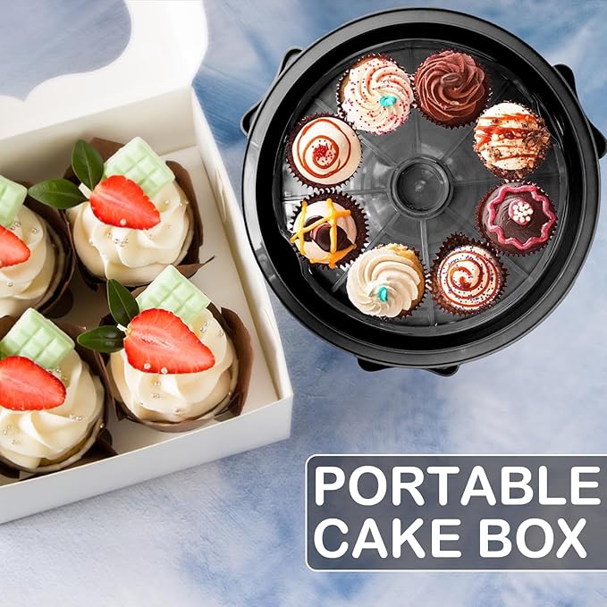 Cake Carrier Round Cake Stand Plus Height Cake Container with Cupcakes Pad, Handle, Lid Reusable Package Box for Transporting Desserts,Pie,Toast,Fruit (10" Black)