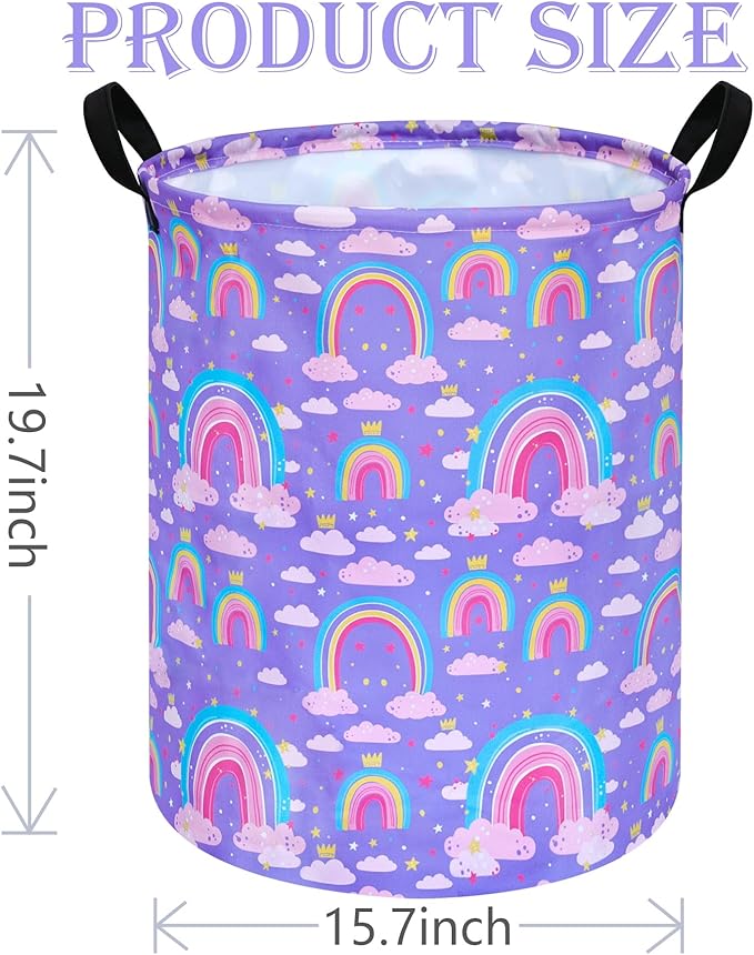 Purple Rainbow 19.7 Inch Round Laundry Clothes Hamper Laundry Basket with Handles,Storage Organizer Bins Laundry Gift Basket for Room, Bedroom Decor