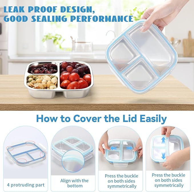 Stainless Steel Snack Containers, 3 Compartments Reusable on and go Bento Box with Lids for Kids, Lunch Box Pre Meal Storage for School Office Outdoor Camping Travel - Blue
