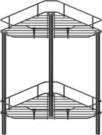 2 Tier Floor Standing Corner Shower Caddy Organizer Shelf with Hooks, Bathroom Shelves Stand Rack, Black