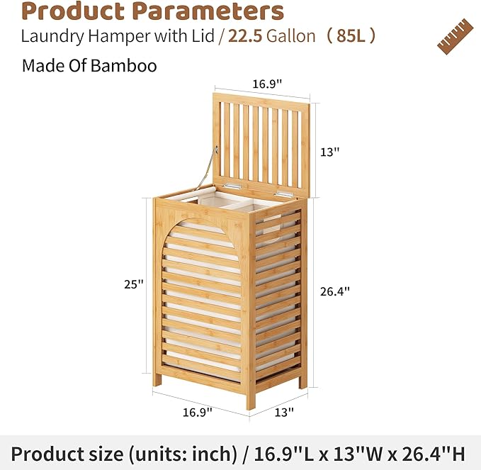 FILWH Laundry Hamper with Lid (16.9 * 13 * 26.5inches) Large Bamboo Laundry Bin Basket 85L Clothes Hamper with 1 Removable Bag Storage baskets for Bathroom(Natural)