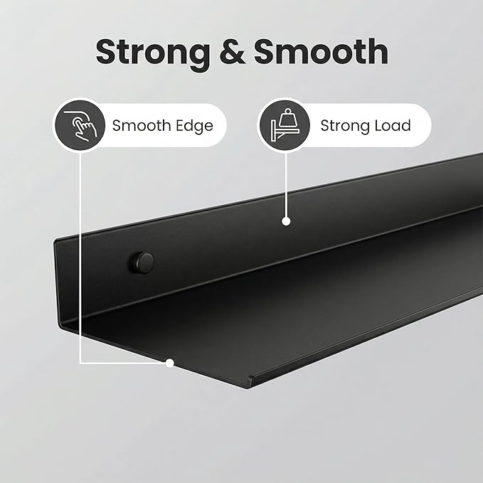 Z metnal Floating Shelves, Bedroom Shelves, Display Metal Wall Shelf for Funko Pop Speaker Figure Collection, Floating Storage Wall Decor, Aluminum, Wall Mounted, Matt Black, 20 inch, 2 Pack
