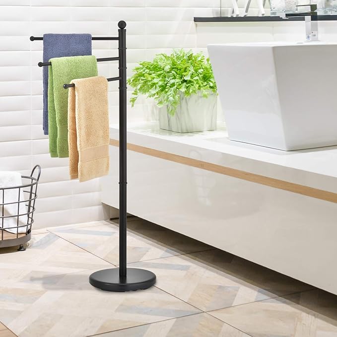 MyGift Standing Towel Rack for Bathroom,40 Inch Freestanding Towel Rack with 3 Swivel Bar Arms, Matte Black Hanging Towel Holder Drying Rack