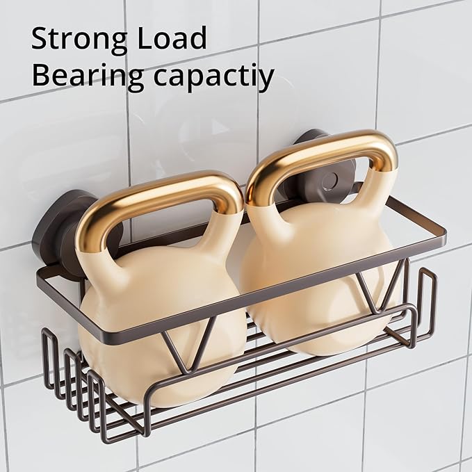 KEGII Suction Cup Shower Caddy – 3 Pack Suction Cup Shelf with Soap Holder & Hooks, Rustproof Stainless Steel Shower Organizer, Removable No Drilling Bathroom Storage Rack, Bronze