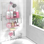Pink 3-Tier Over Head Shower Caddy with Soap Holder & 6 Hooks - Hanging Shower Caddy for Bathroom Organizer