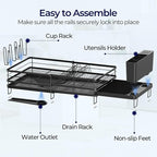 Large Dish Drying Rack, Expandable Dish Rack for Kitchen Counter, Dish Drainer with Drainboard Set, Multifunctional Dishrack with Utensil Holder & Cup Holder, 13.4"-28.7" L x 11.8" W, Black