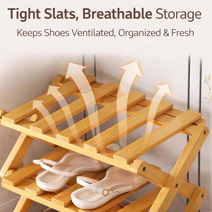 The 9-Tier No-Assembly Bamboo Rack, Folding Bamboo Shoe Rack Organizer with Collapsible Vertical Design, Space-Saving & No-Tool Assembly, for Entryways,Corners,Bedrooms,Balconies (Yellow,8)