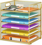 6 Tiers Letter Tray Paper Organizer with Handle, Mesh Desk File Organizer, Metal Desktop Document Shelf Organization, Paper Sorter Organizer for Office, Home or School File Folder Holder (Gold)