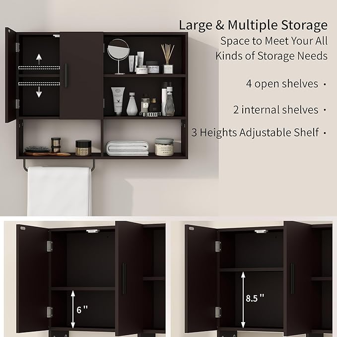 Medicine Cabinet, Wooden Bathroom Wall Cabinet with 2 Doors, Adjustable Shelves & Towel Bar, Over Toilet Storage Cabinet Wall Mounted for Kitchen & Laundry, Espresso