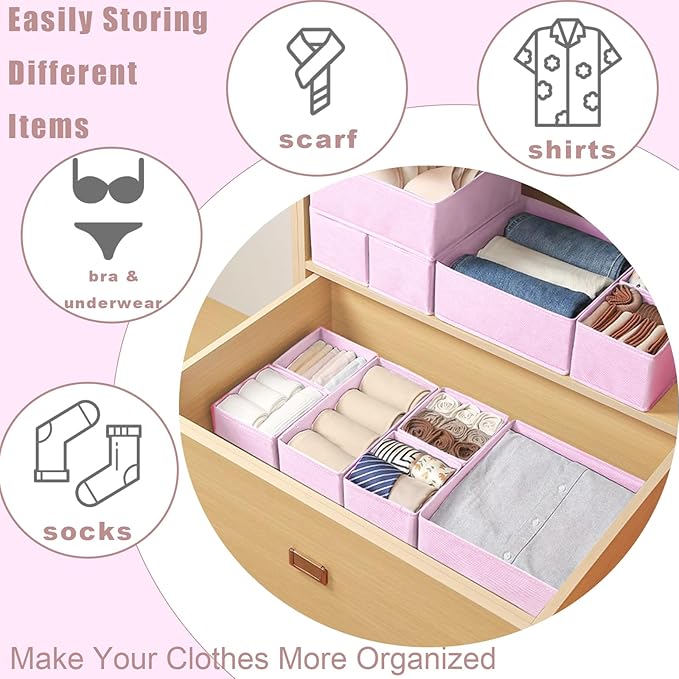 Drawer Organizer Clothes 8 Pack Clothes Organizer Dresser Drawer Organizers for Socks Underwears Bras Foldable Closet Organizers and Storage Fabric Storage Dividers for Nursery Bedroom, Pink