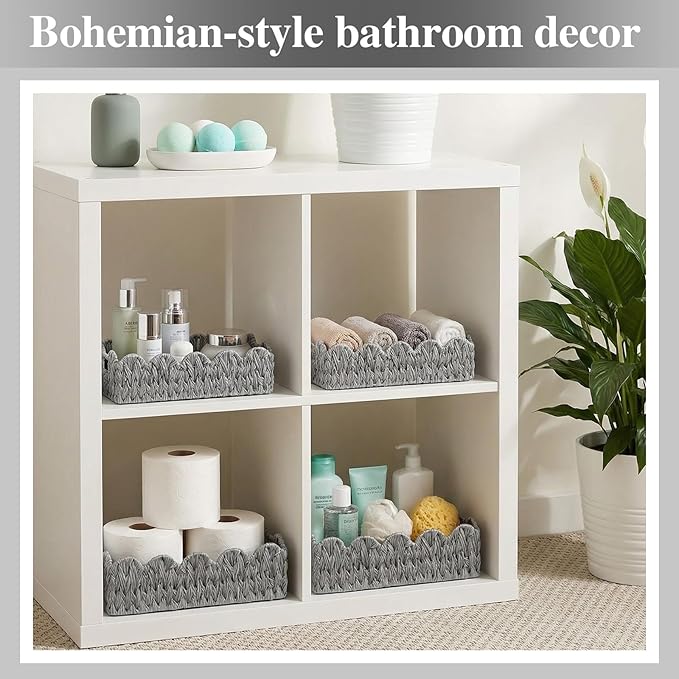 3Pack Toilet Paper Basket for Organizing Scalloped Edge Wicker Basket with Handles Toilet Tank Paper Holder Storage for Bathroom Bedroom Countertop Shelf Decor(Gray,Plastic)