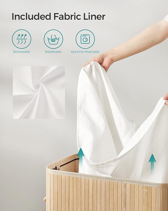 SONGMICS Laundry Hamper with Lid, Bamboo Laundry Basket, Removable Machine Washable Laundry Basket, with Handles, 26.4-Gallons, for Laundry Room, Bedroom, Bathroom, Natural Beige ULCB063N01