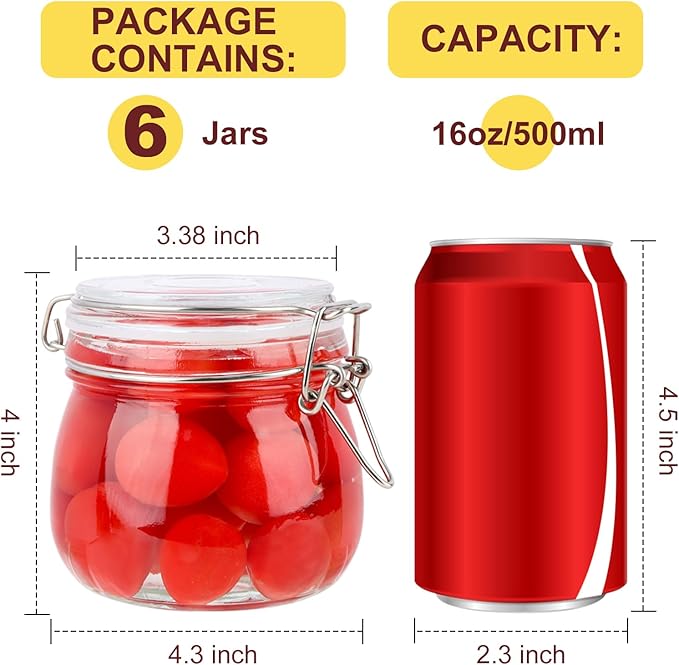 16 oz Glass Jars with Airtight Lids, 6 Pack Wide Mouth Mason Jars with Clamp Lids for Kitchen Canisters, Food Storage Containers for Pickling, Coffee, Spices, Sugar, Herbs