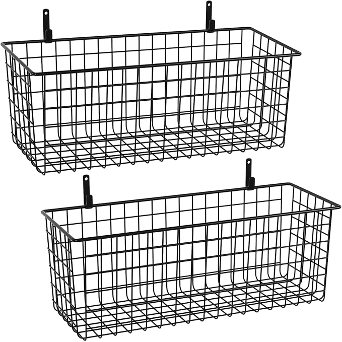 2 Sets Extra Large Hanging Wall Basket, Black Metal Wire Baskets with Steel Hooks for Organizing, WallmountedFruit Vegetable Toy Snack Storage, Home Kitchen Bathroom Laundry Pantry Organizer