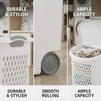 White Wheeled Plastic Laundry Hamper – Adult-Sized Rolling Basket With Handles For Home & Dorms