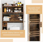 Giantex Over The Toilet Storage Cabinet, Farmhouse Space Saver with Sliding Door, Toilet Paper Holder, Side Hooks & Adjustable Shelves, Over Toilet Bathroom Organizer for Laundry, Restroom (Brown)