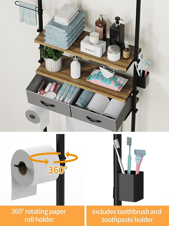 Over The Toilet Storage - 4 Tier Bathroom Organizer Shelf, Freestanding Bathroom Organizer, Sturdy Behind Toilet Rack with Hooks, Space-Saving Design, Fits Most Toilets, Rustic Brown