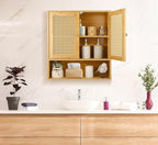 Bamboo Cabinet Wall Mount, Rattan Medicine Cabinet with Shelves and Doors, Wall Cabinet Above Toilet, Storage Organizer for Laundry Room, Kitchen, Living Room