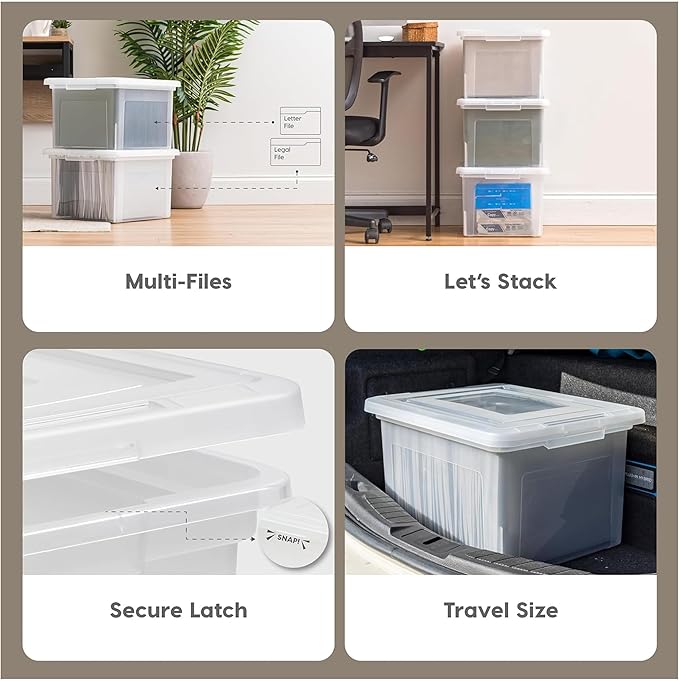 IRIS USA 8 Pack Plastic File Box with Lid for Letter/Legal Files, 35 Quart Stackable Clear Organizer Bin, Built-in File Ledge, Durable & Portable
