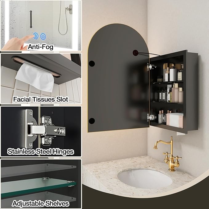 Arched Medicine Cabinet Mirror No Assembly Needed Bathroom Mirror with Storage Recessed or Surface Mount Options (Gold-LED, 29.5" L x 15.8" W)
